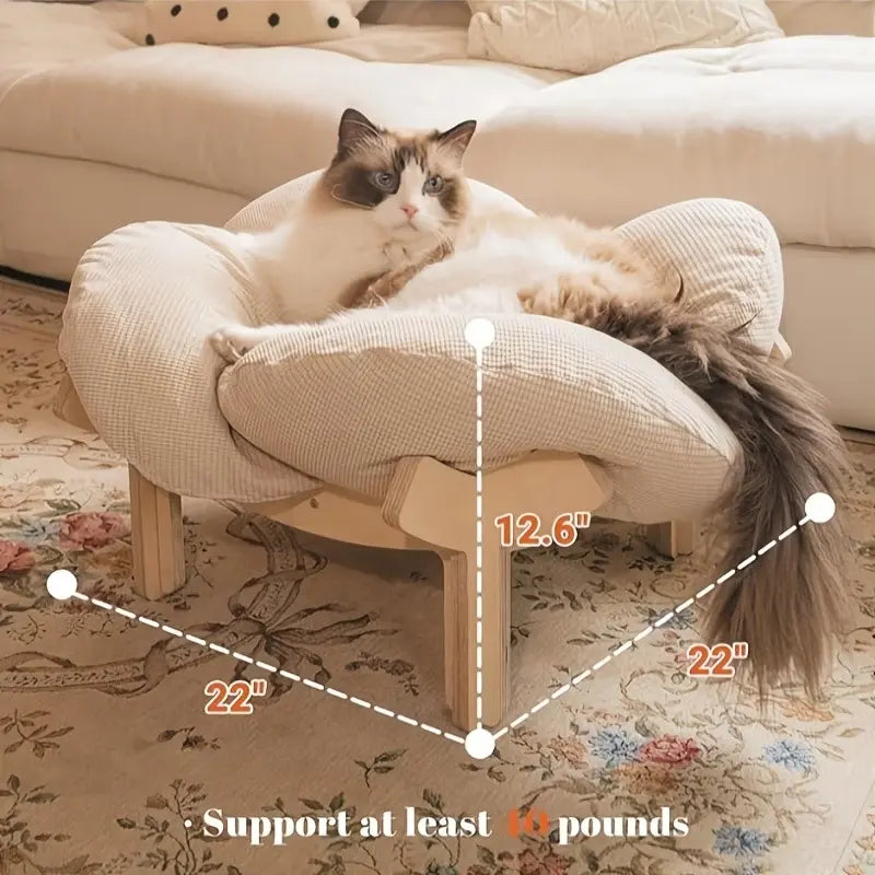 Elevated Flower Cat Bed，Wooden with Cushion， Fluffy Pet Couch Sofa for Indoor Cats and Dogs， Raised Kitty Lounge Chair， Suitable for Puppy, Cat Furniture(Large)