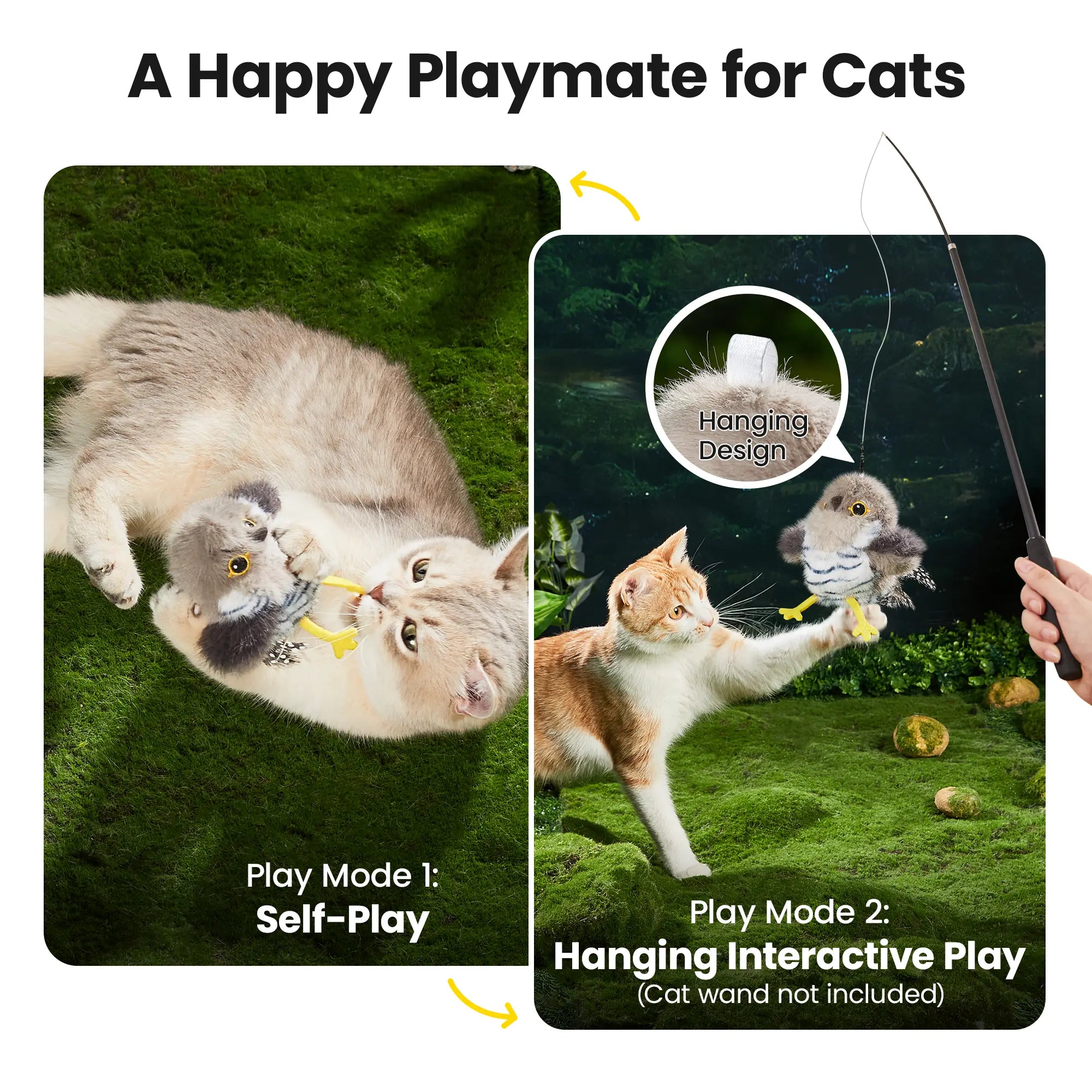 Potaroma Flapping Bird Cat Toy, Lifelike Chirp Interactive Kitten Toy, Rechargeable Touch Activated Exercise Toy for All Cats 5.1" - Little Chubby Bird/Cuckoo