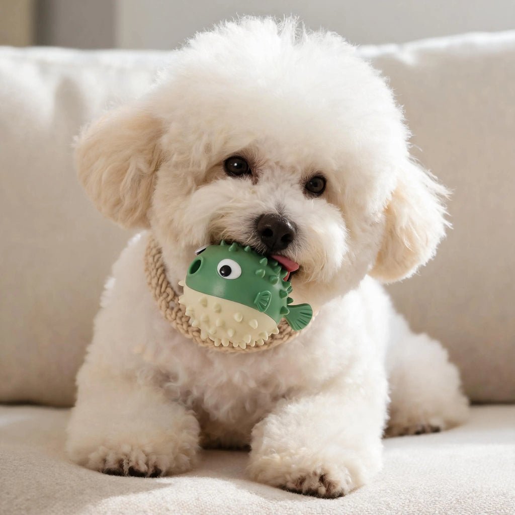 Puffer Fish Squeaky Dog Chew Toy - Interactive Treat Dispenser Puzzle Toy, Durable TPR Teeth Cleaning Ball for Aggressive Chewers, Boredom Relief & Mental Stimulation for Puppies Small Medium Dogs