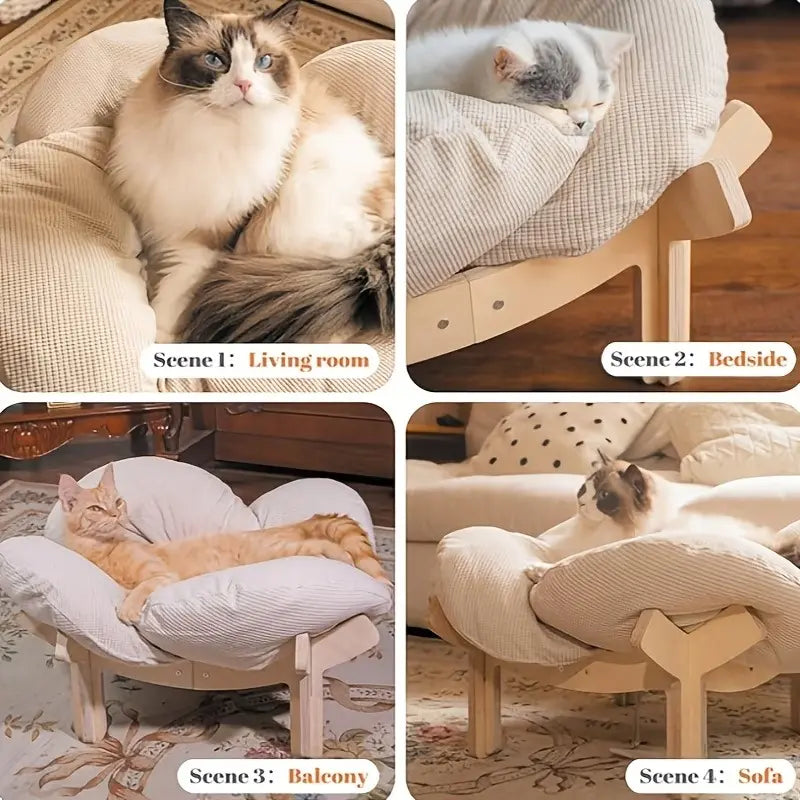 Elevated Flower Cat Bed，Wooden with Cushion， Fluffy Pet Couch Sofa for Indoor Cats and Dogs， Raised Kitty Lounge Chair， Suitable for Puppy, Cat Furniture(Large)