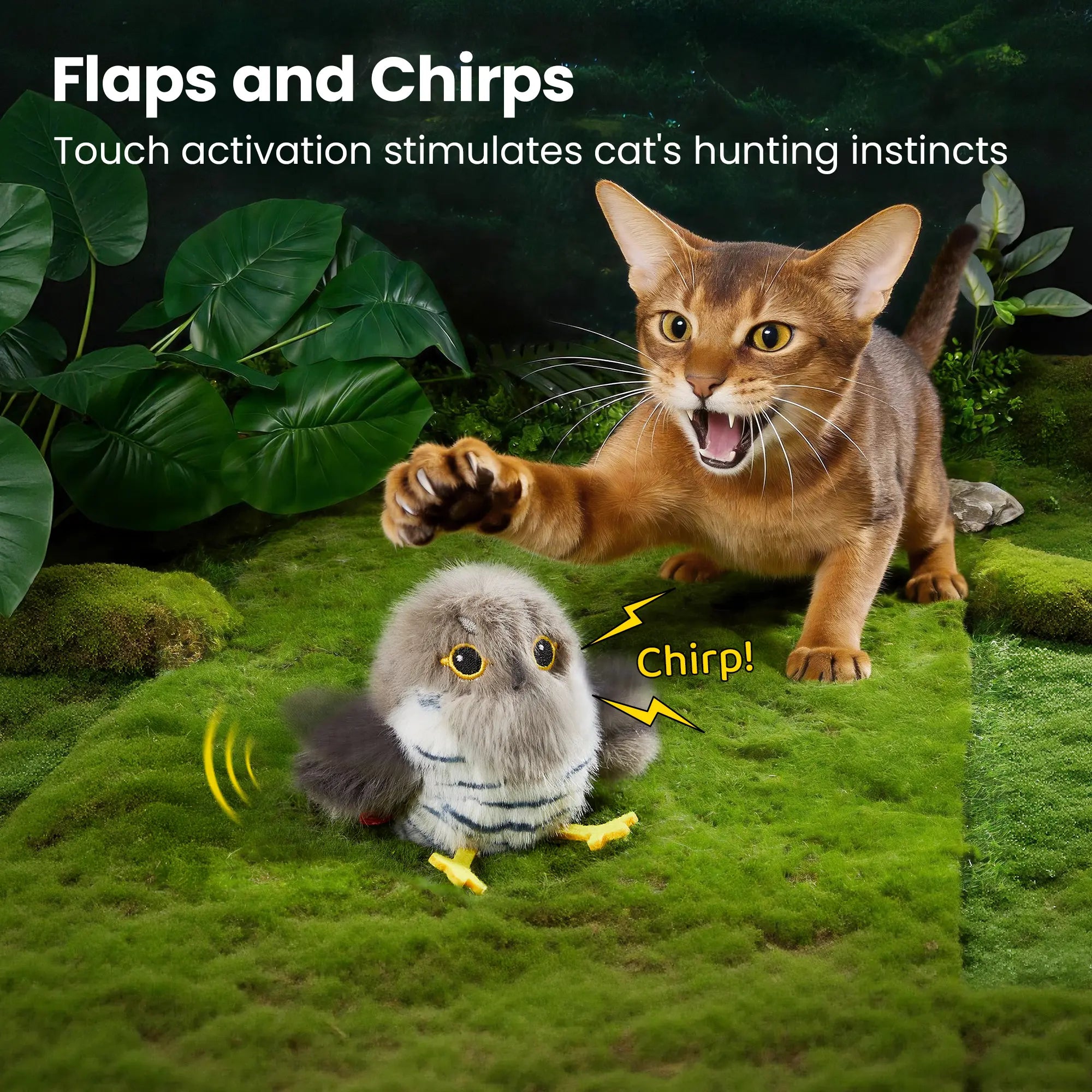 Potaroma Flapping Bird Cat Toy, Lifelike Chirp Interactive Kitten Toy, Rechargeable Touch Activated Exercise Toy for All Cats 5.1" - Little Chubby Bird/Cuckoo