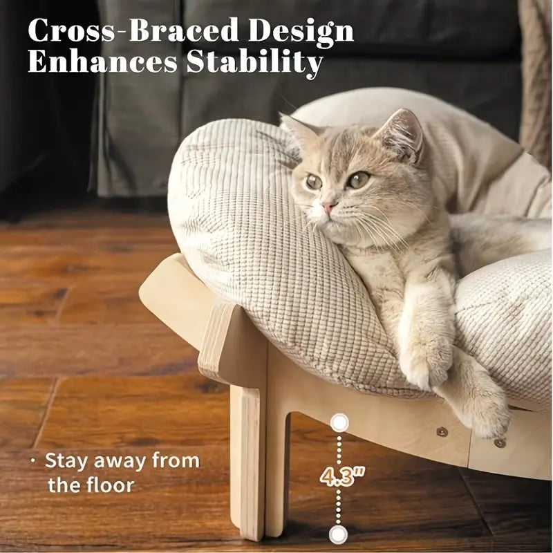 Elevated Flower Cat Bed，Wooden with Cushion， Fluffy Pet Couch Sofa for Indoor Cats and Dogs， Raised Kitty Lounge Chair， Suitable for Puppy, Cat Furniture(Large)