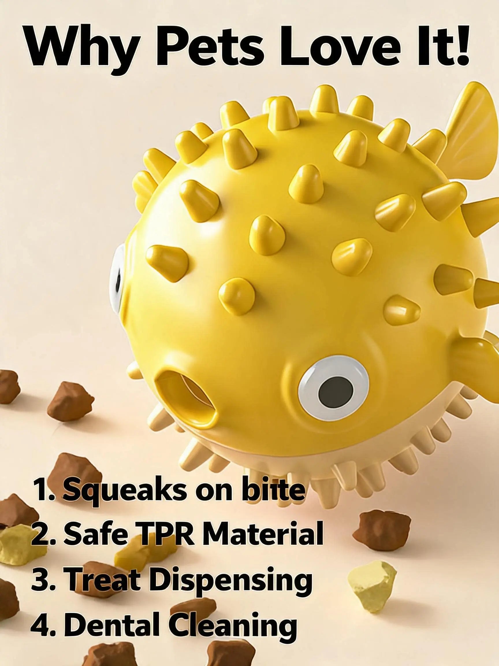 Puffer Fish Squeaky Dog Chew Toy - Interactive Treat Dispenser Puzzle Toy, Durable TPR Teeth Cleaning Ball for Aggressive Chewers, Boredom Relief & Mental Stimulation for Puppies Small Medium Dogs